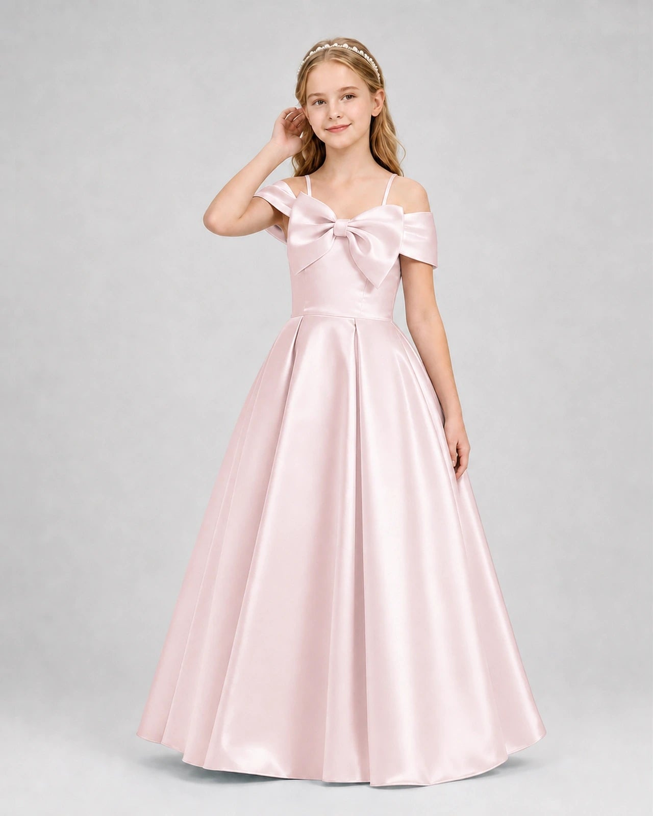 Blush Pink Satin Bow-Accented Cold-Shoulder A-Line Girls Formal Dresses Front View