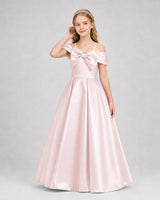 Blush Pink Satin Bow-Accented Cold-Shoulder A-Line Girls Formal Dresses Front View