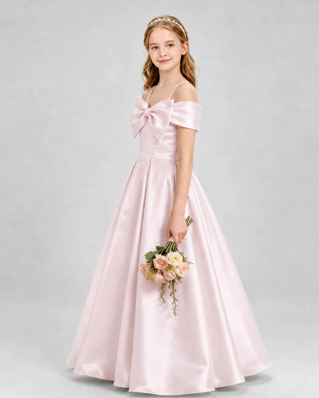 Blush Pink Satin Off-The-Shoulder Bow A-Line Girls Formal Dresses Side View