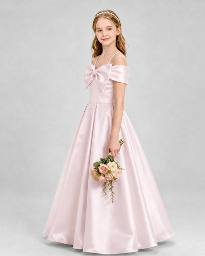Blush Pink Satin Off-The-Shoulder Bow A-Line Girls Formal Dresses Side View