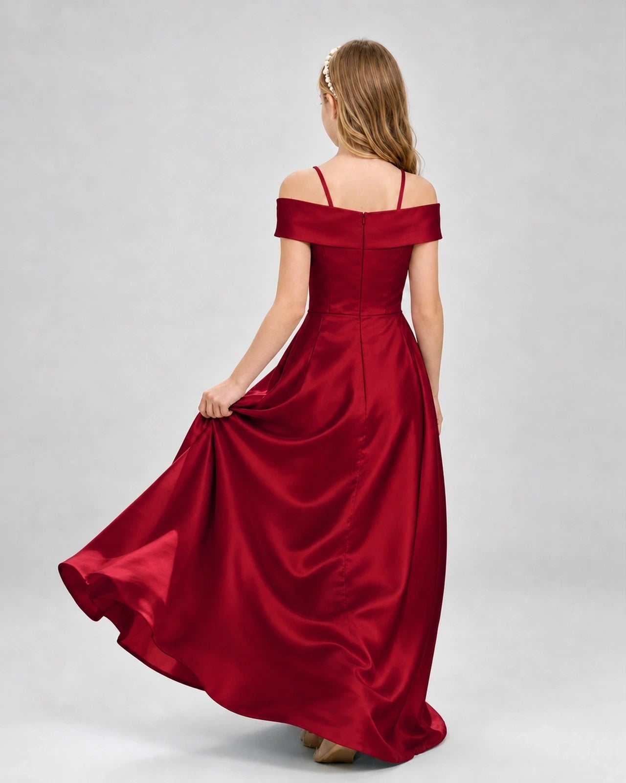 Burgundy satin off-the-shoulder girls formal dress, back view