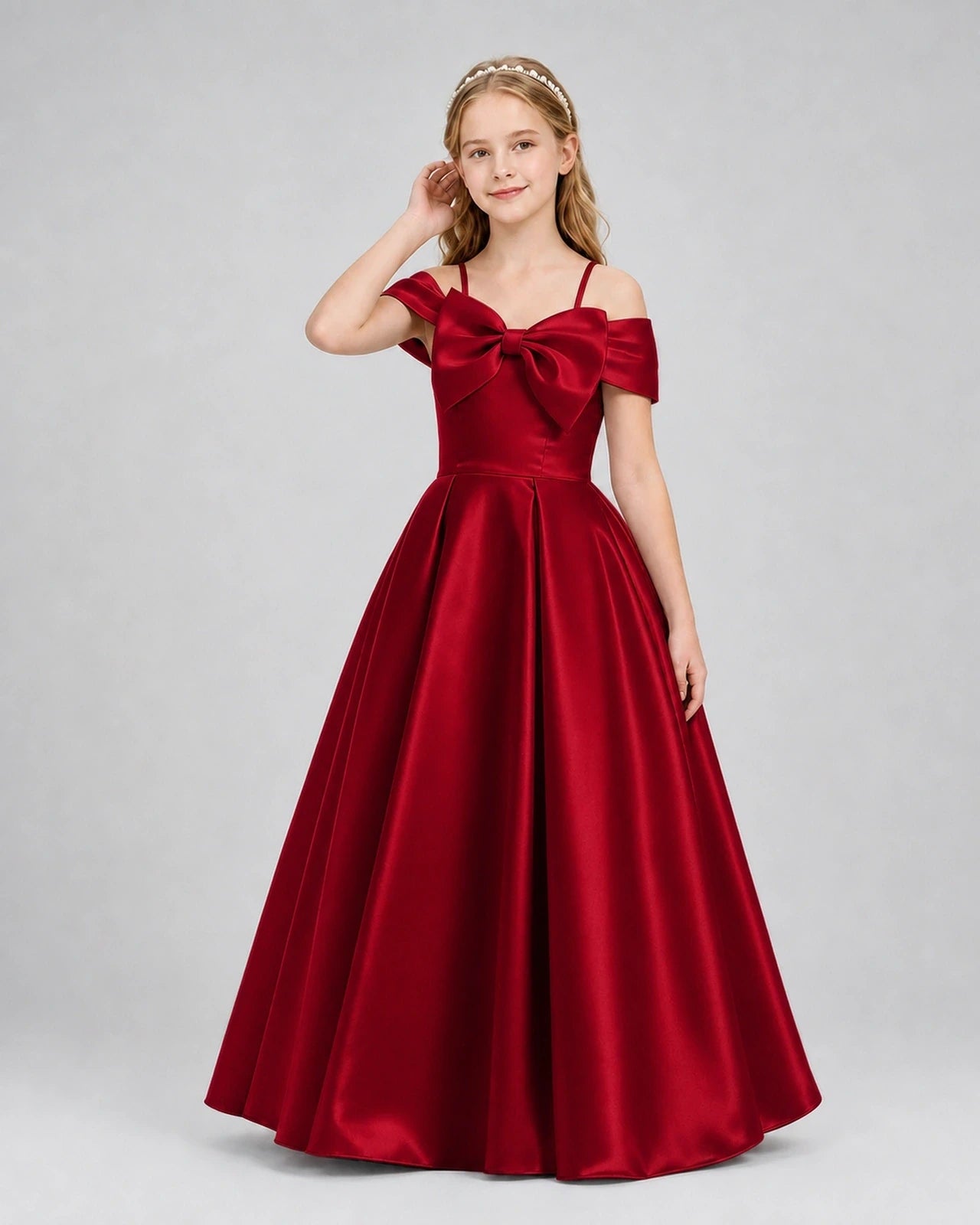 Burgundy satin off-the-shoulder bow dress girls formal dresses front view