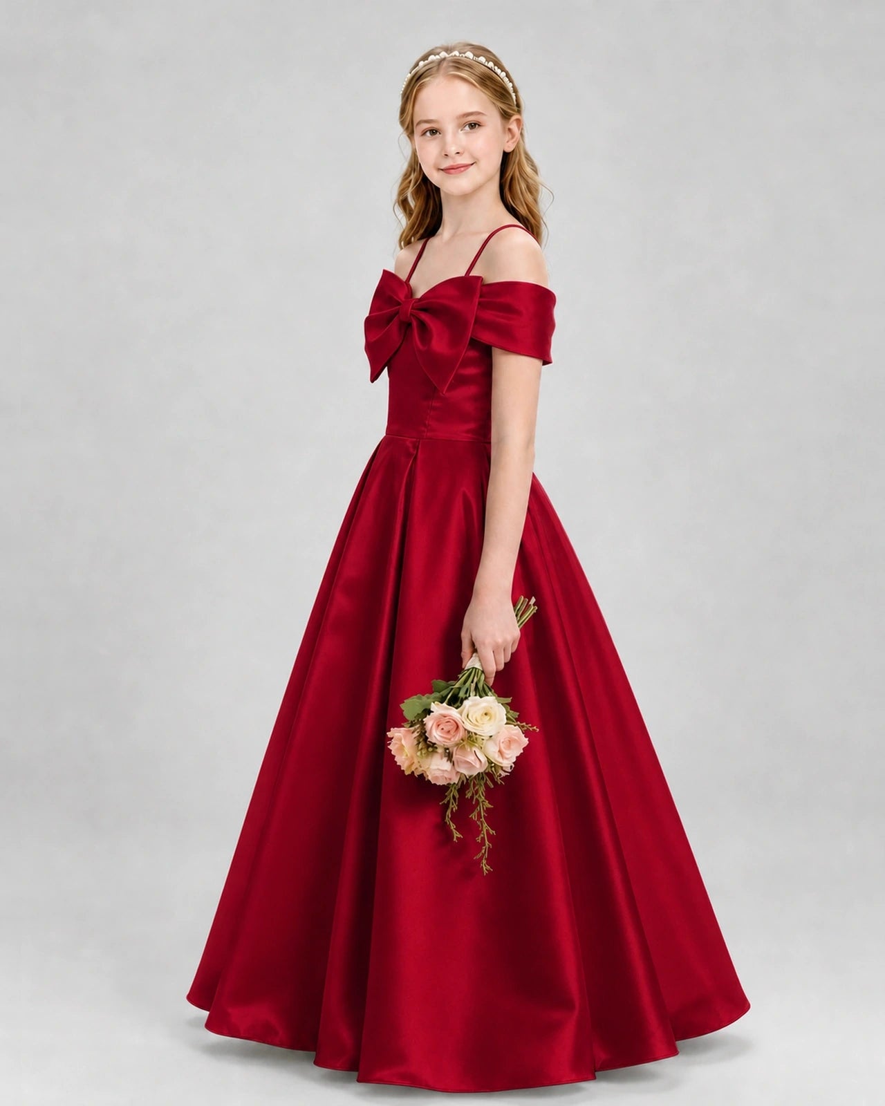 Burgundy Satin A-Line Girls Formal Dresses Side View