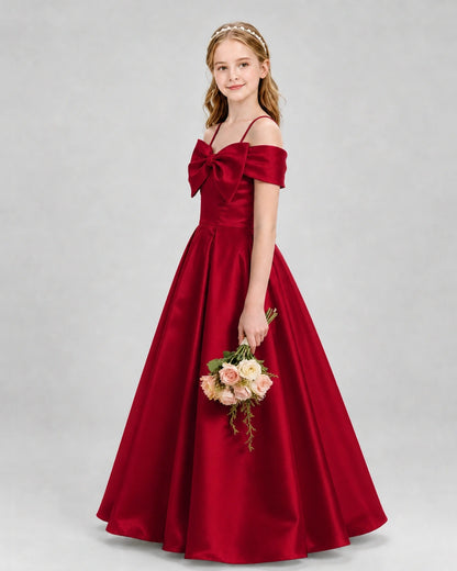 Burgundy Satin A-Line Girls Formal Dresses Side View