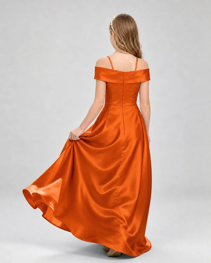 Burnt Orange Satin Cold Shoulder A-Line Girls Formal Dresses Back View