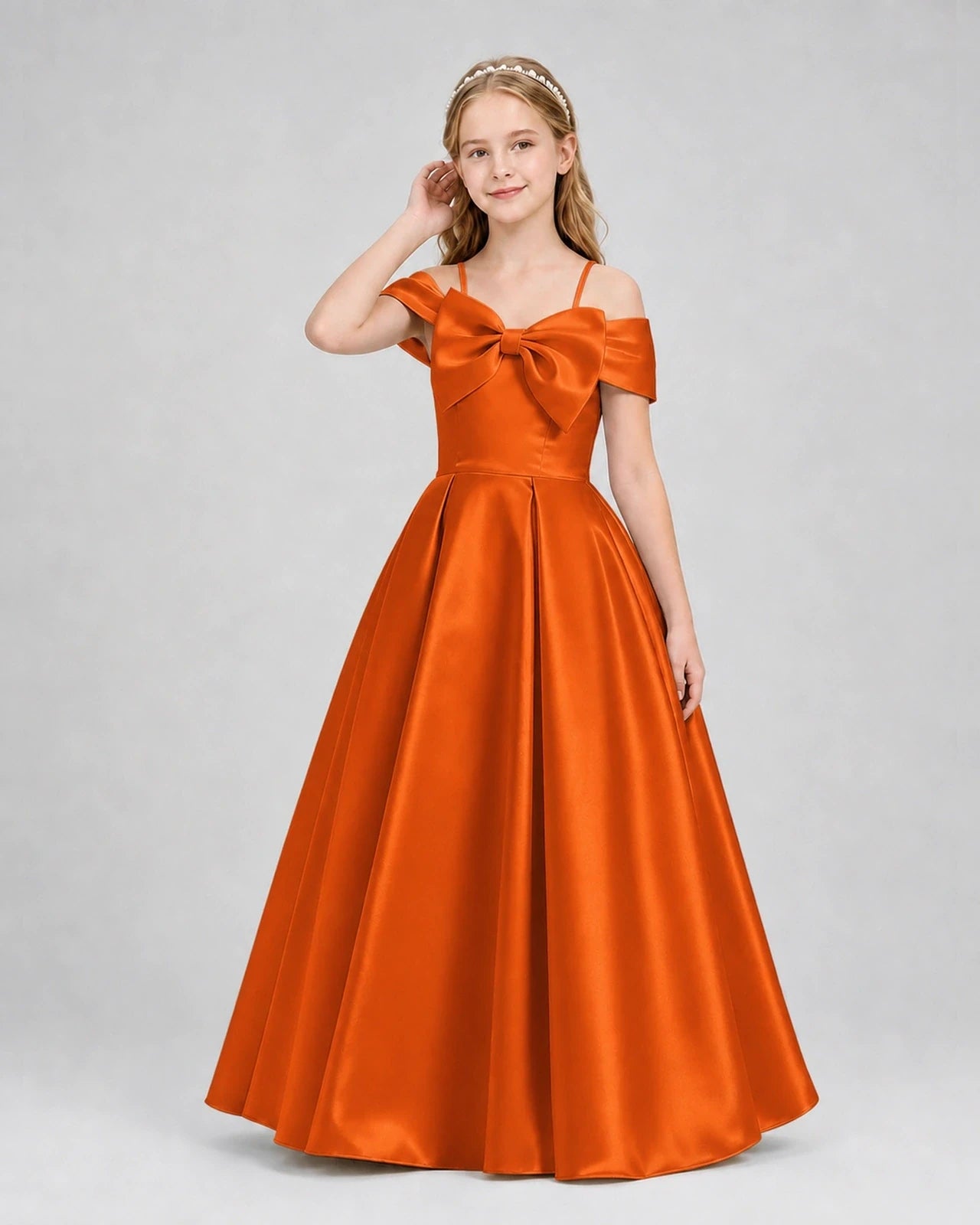 Burnt Orange Satin Off Shoulder Girls Formal Dresses Front View