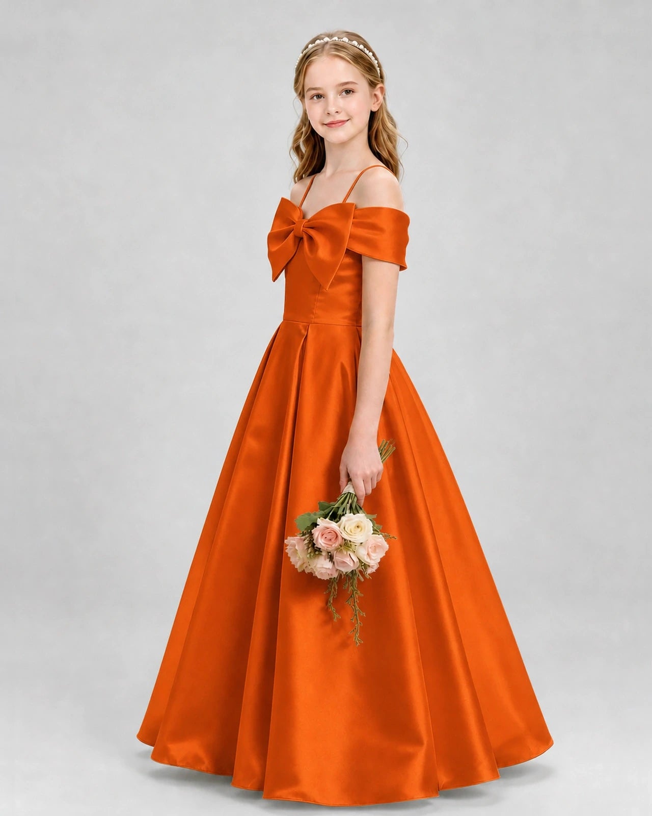 Burnt orange satin bow off-shoulder A-line girls formal dresses side view