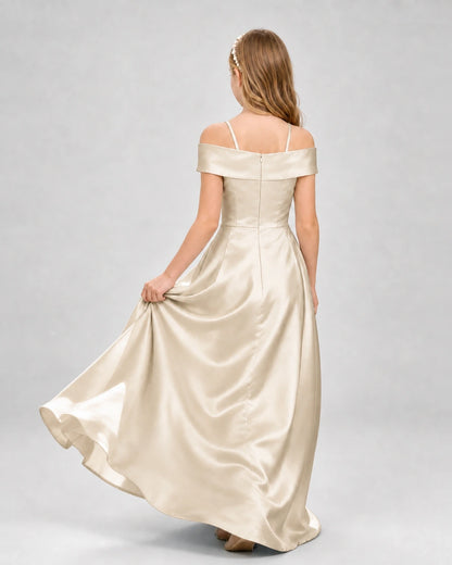 Champagne Satin Cold Shoulder A-Line Girls Formal Dresses Back View