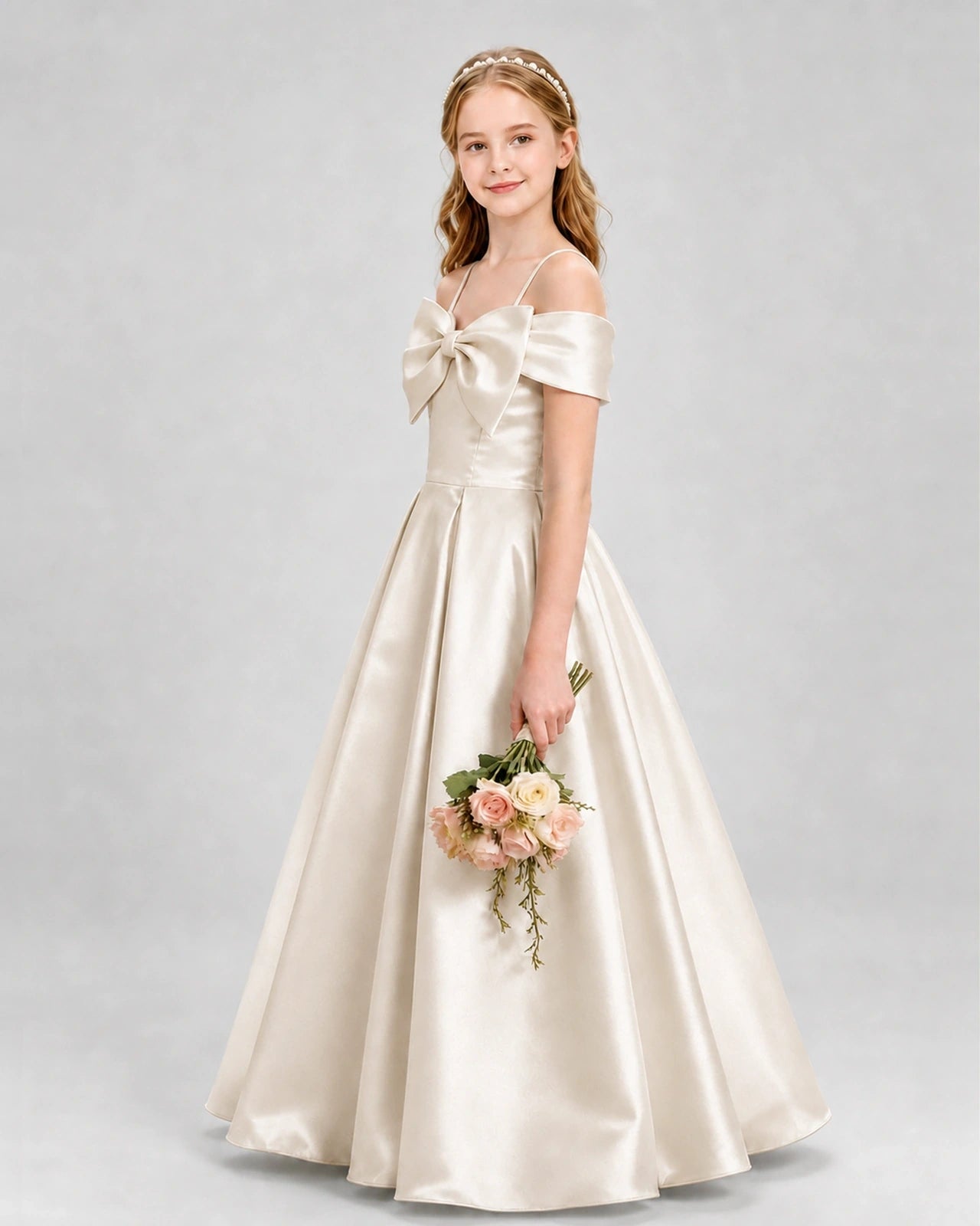 Champagne Satin A-Line Girls Formal Dresses Side View