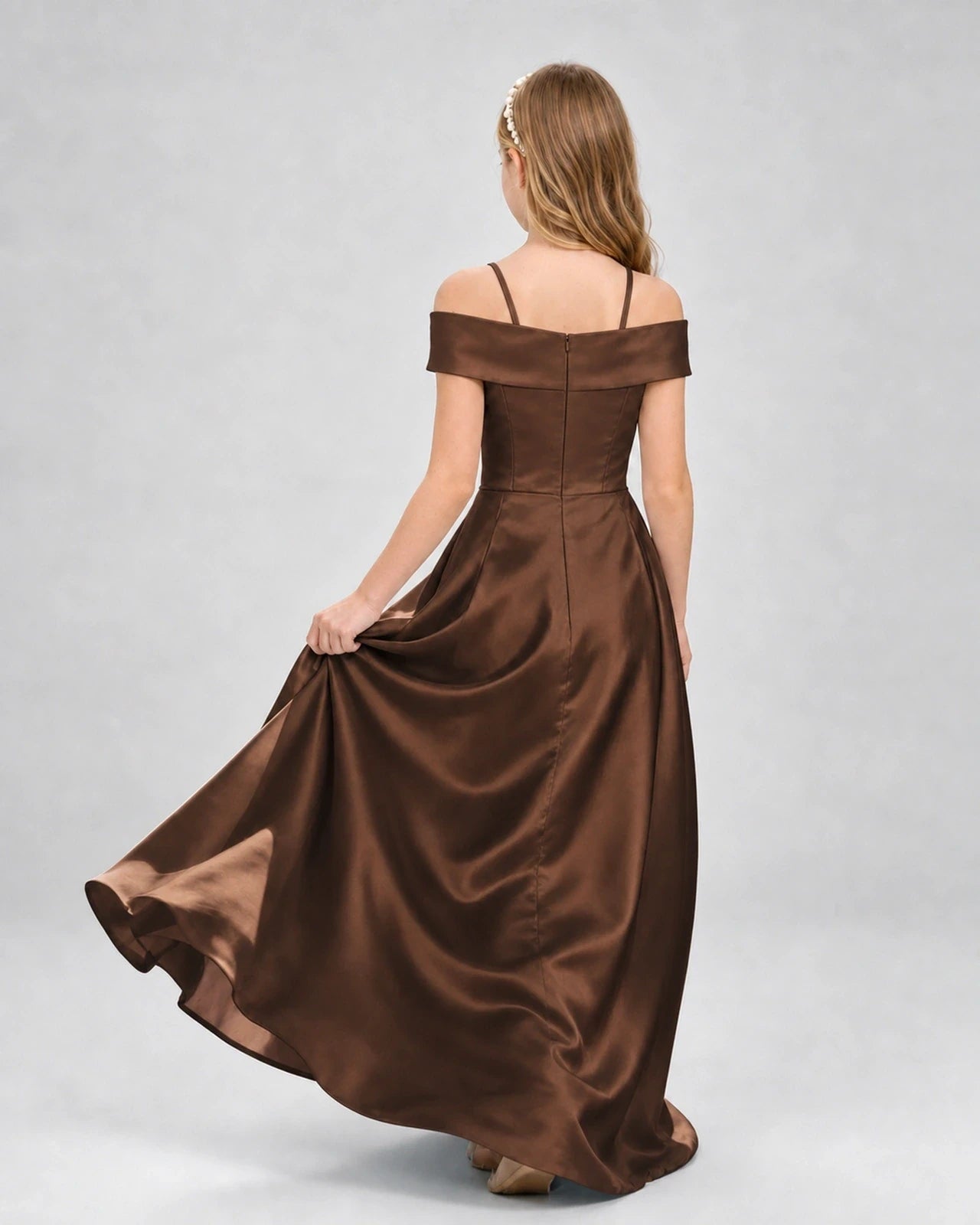 Chocolate satin off-the-shoulder A-line girls formal dress, Back View