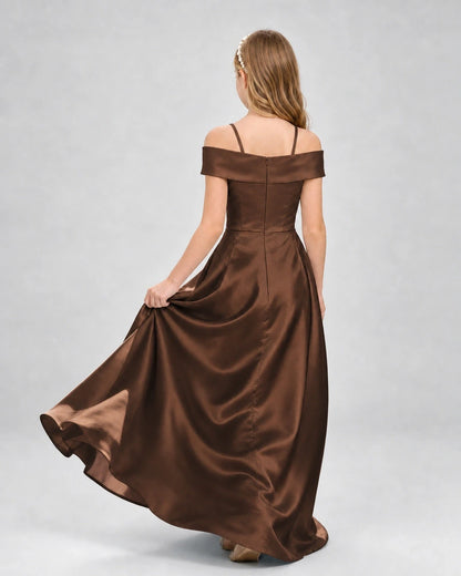 Chocolate satin off-the-shoulder A-line girls formal dress, Back View