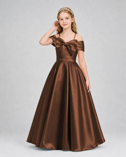 Chocolate Satin Cold Shoulder A-Line Girls Formal Dresses Front View