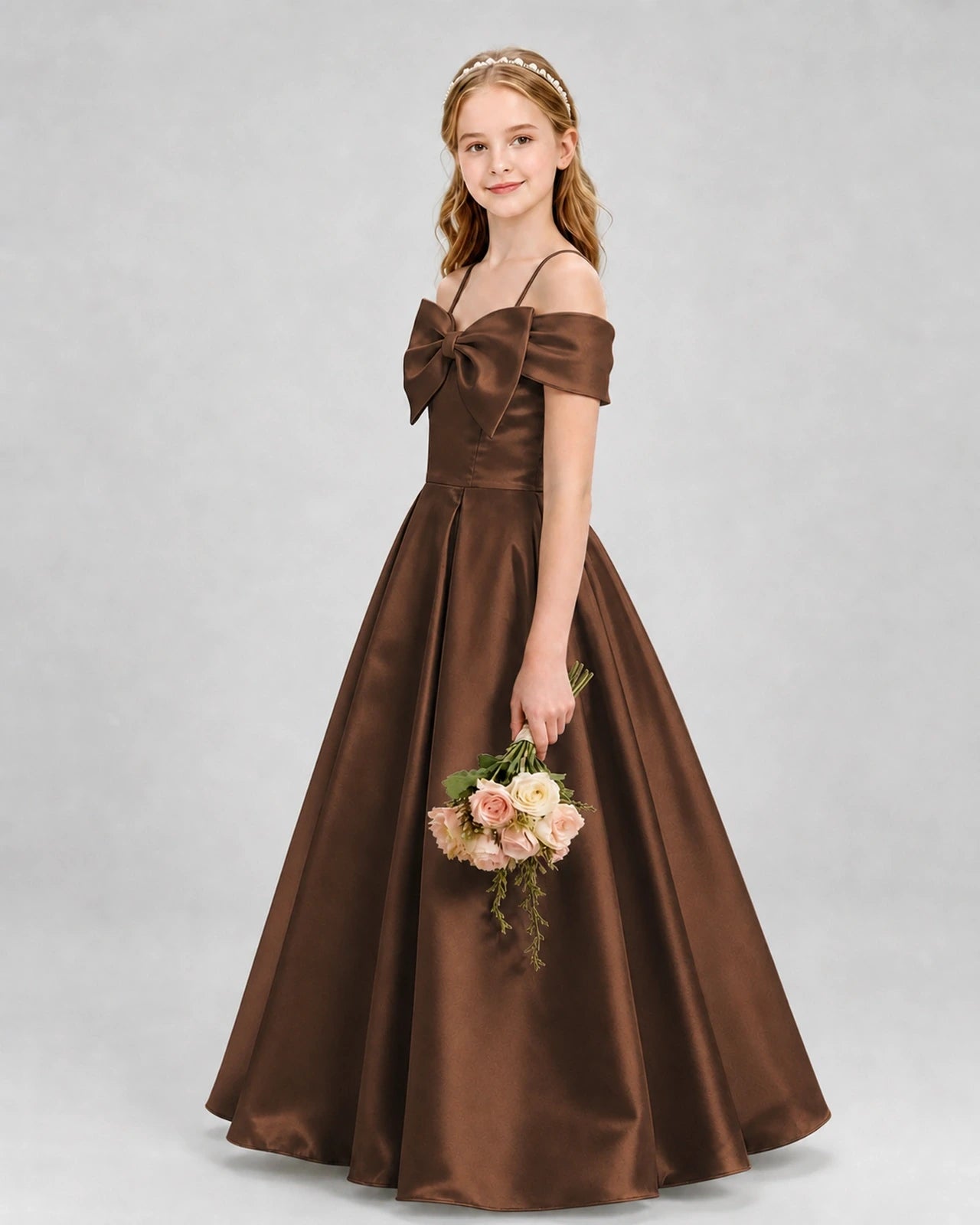 Chocolate Satin A-line Girls Formal Dresses Side View