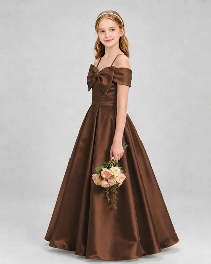 Chocolate Satin A-line Girls Formal Dresses Side View