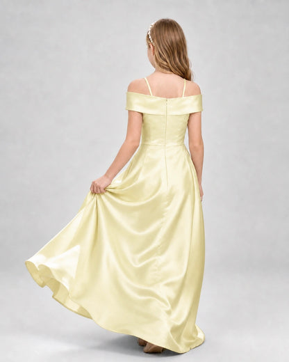 Daffodil Satin Off-the-Shoulder A-Line Girls Formal Dresses Back View