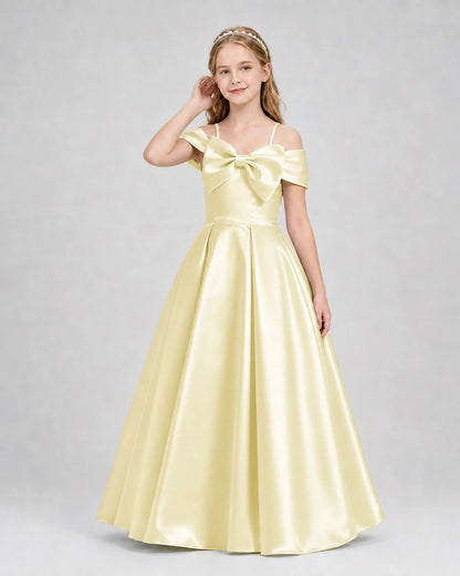 Daffodil Satin Off-the-Shoulder Bow A-Line Girls Formal Dresses Front View