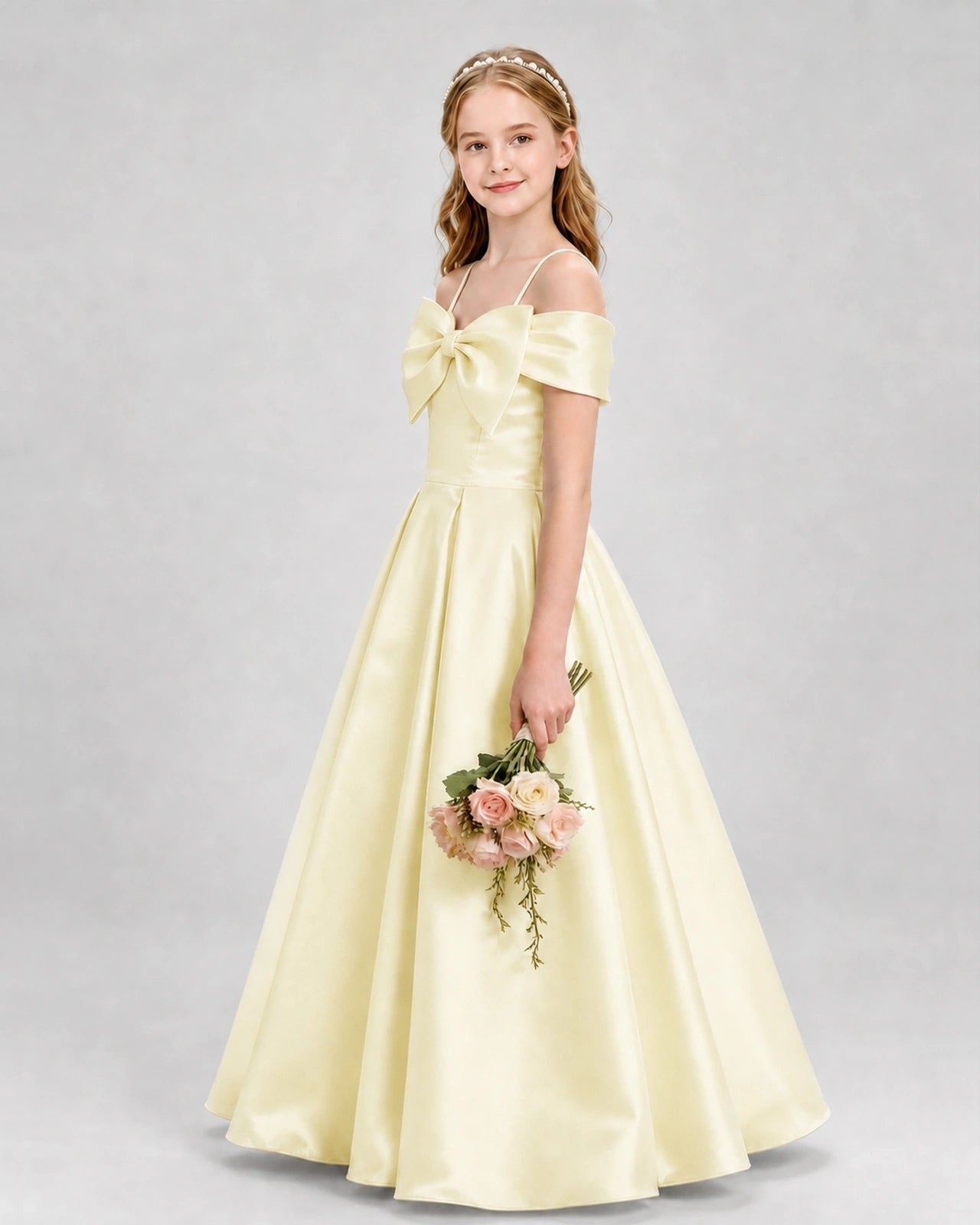 Daffodil satin bow A-line girls formal dresses Side View