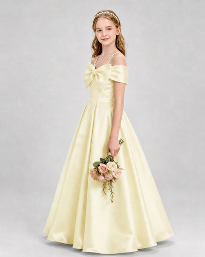 Daffodil satin bow A-line girls formal dresses Side View