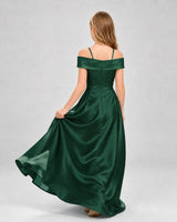 Dark green satin cold shoulder girls formal dress, back view