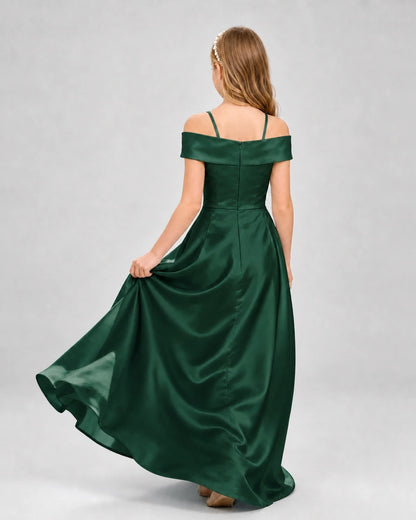 Dark green satin cold shoulder girls formal dress, back view
