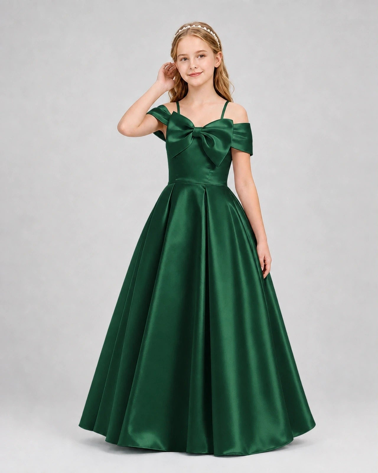 Dark Green Satin Off-the-Shoulder Bow A-Line Girls Formal Dresses Front View