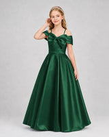 Dark Green Satin Off-the-Shoulder Bow A-Line Girls Formal Dresses Front View