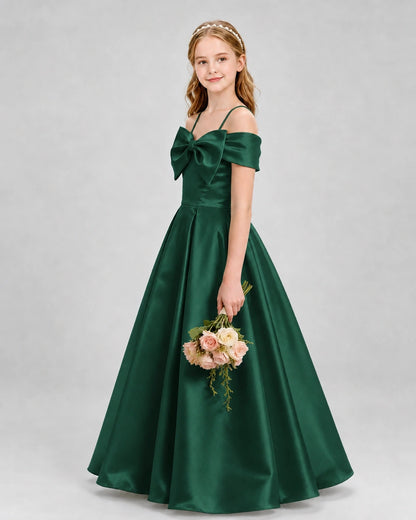 Dark Green Satin Bow Cold Shoulder Girls Formal Dresses Side View
