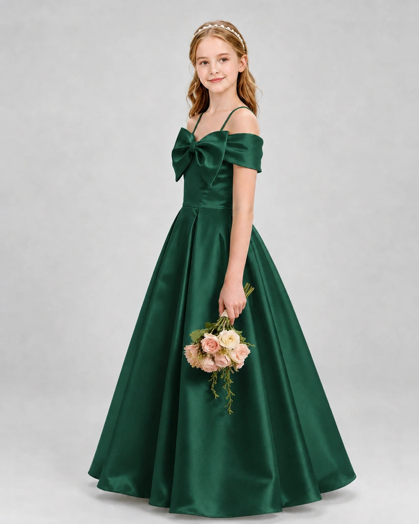 Dark Green Satin Bow Cold Shoulder Girls Formal Dresses Side View