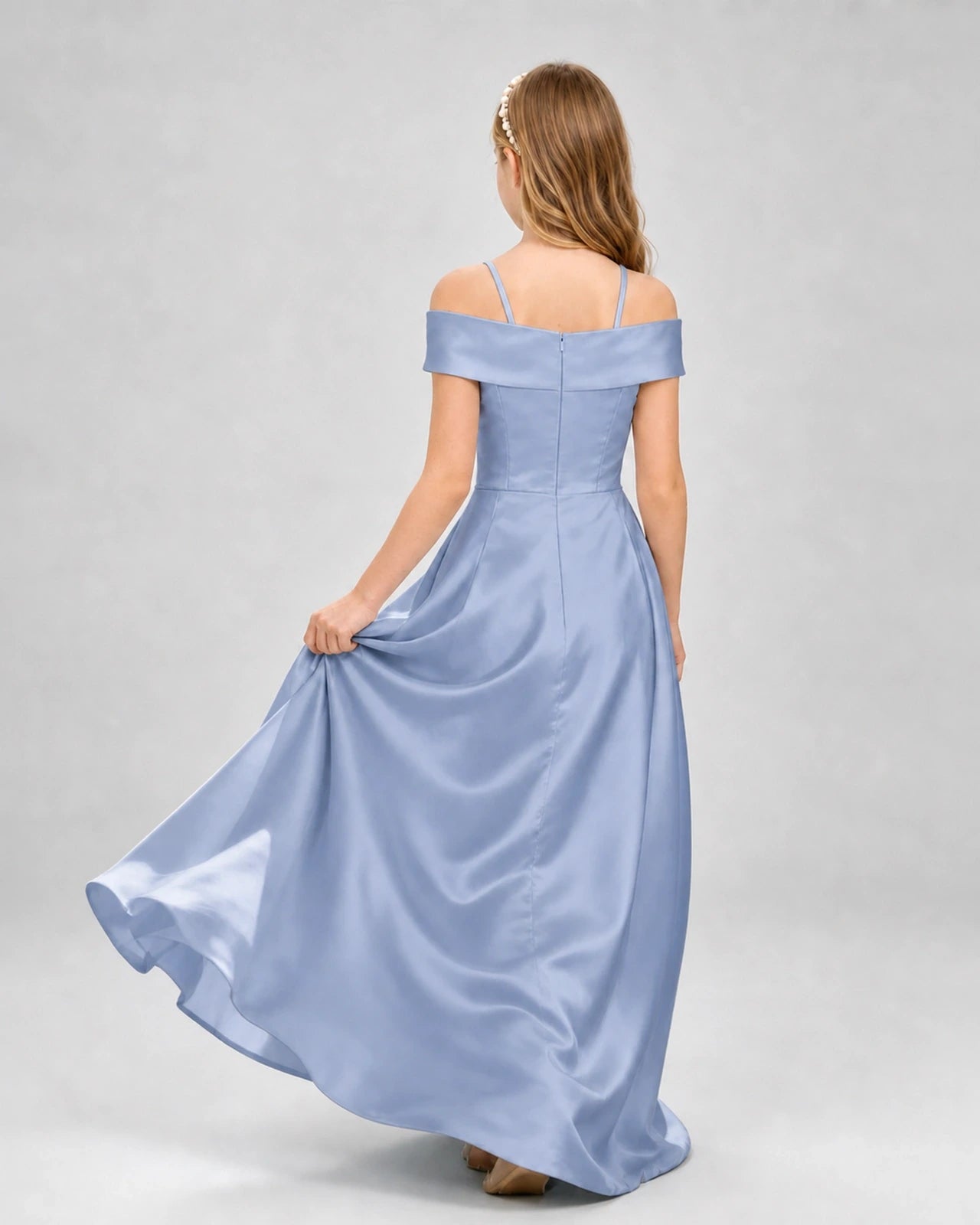 Dusty Blue Satin Off-The-Shoulder A-Line Girls Formal Dresses Back View
