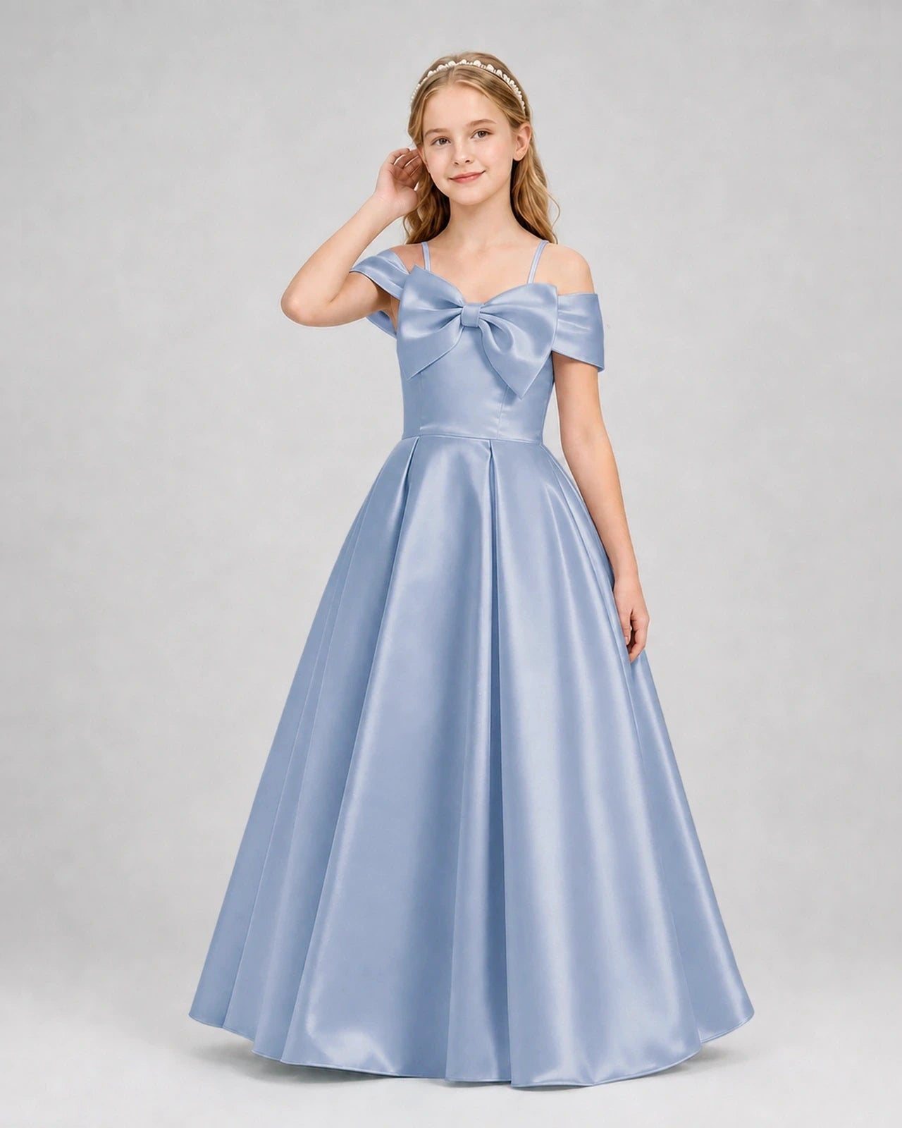 Dusty Blue Satin Off-The-Shoulder Bow A-Line Girls Formal Dresses Front View