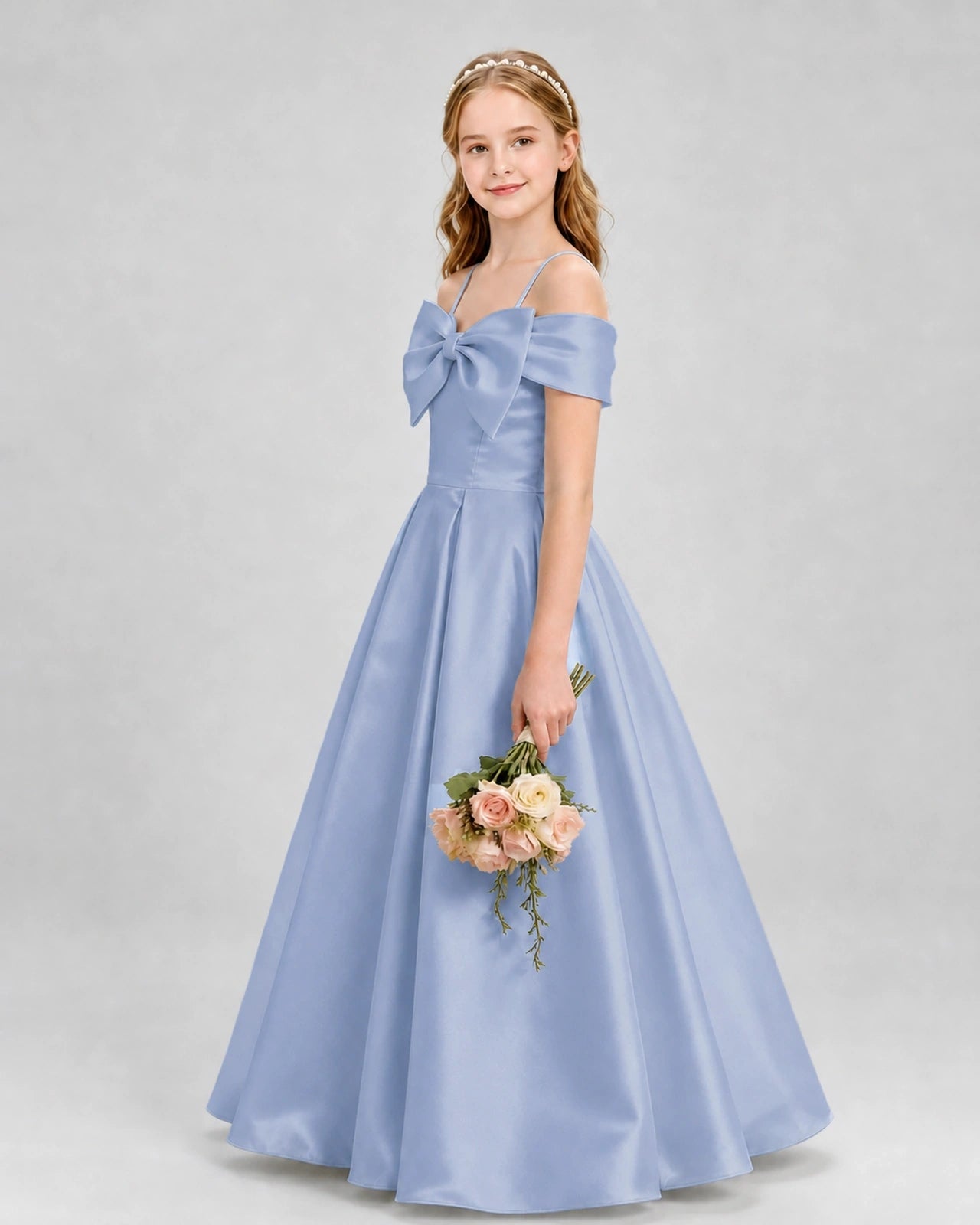 Dusty blue satin cold shoulder bow girls formal dresses side view