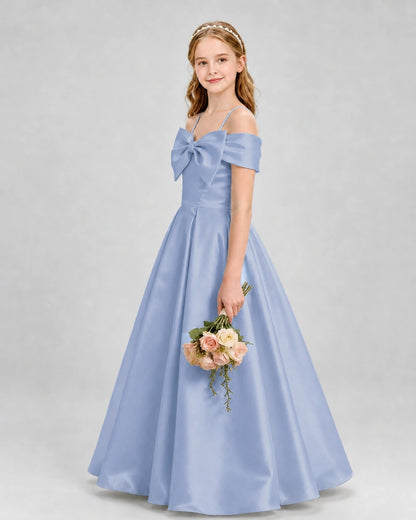 Dusty blue satin cold shoulder bow girls formal dresses side view