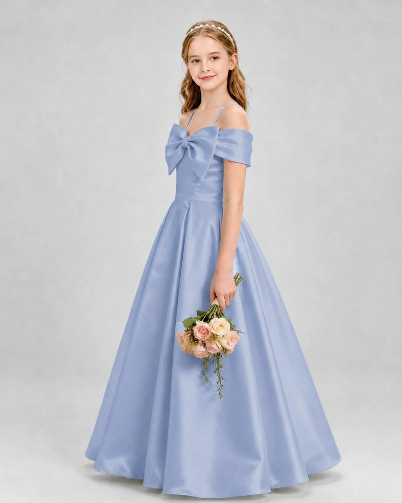 Dusty blue satin cold shoulder bow girls formal dresses side view