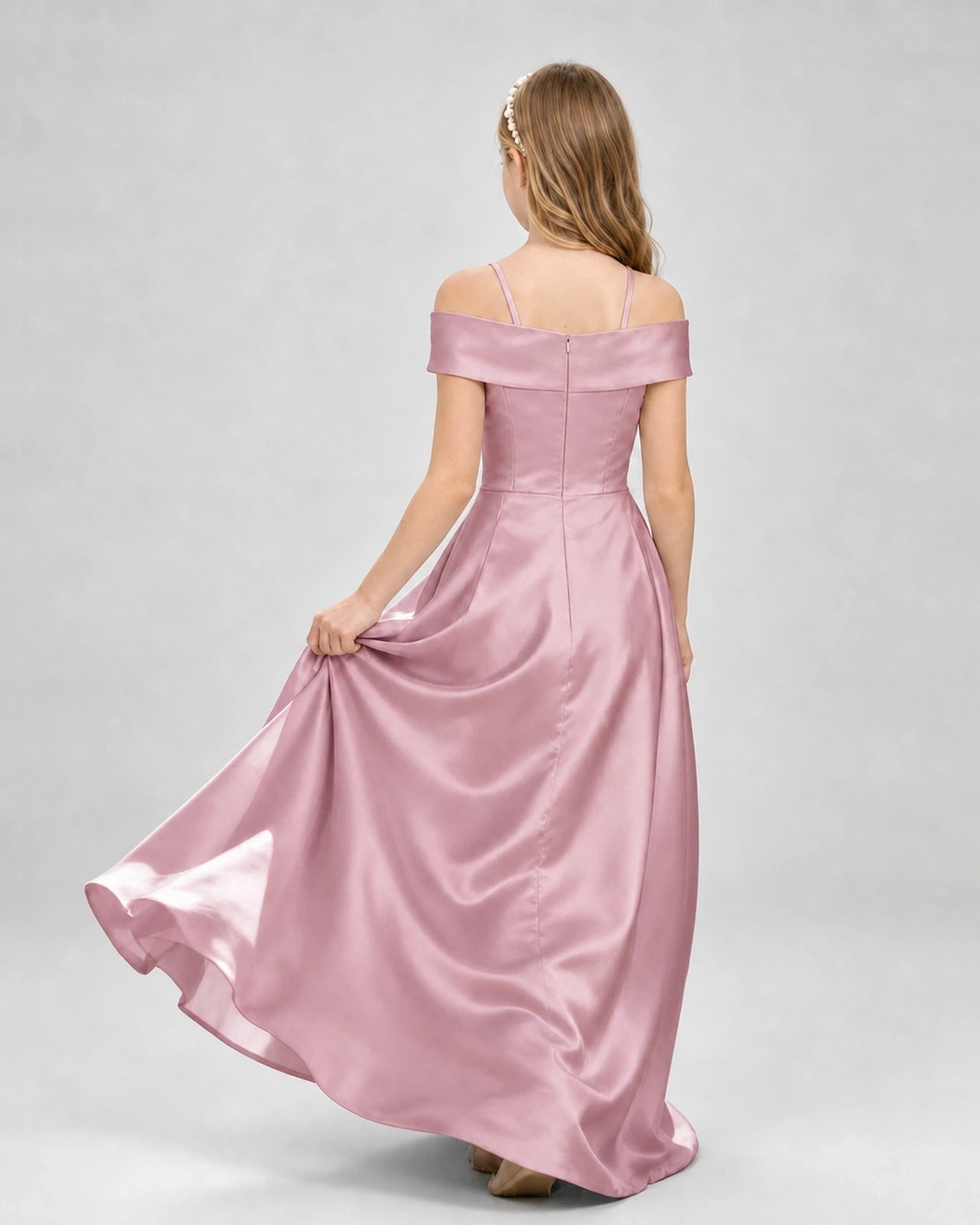 Dusty Rose Satin Off-the-Shoulder Girls Formal Dresses Back View
