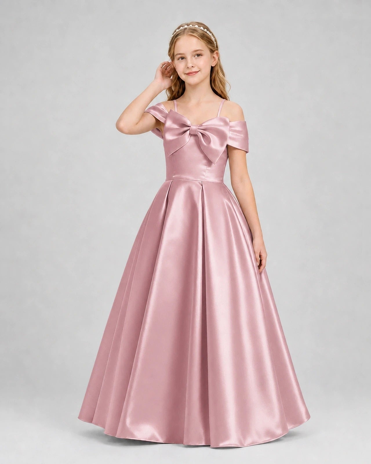 Dusty Rose Satin Bow A-Line Girls Formal Dresses Front View