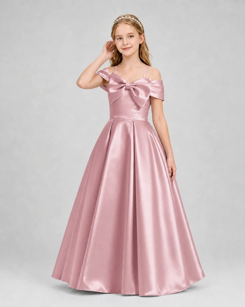 Dusty Rose Satin Bow A-Line Girls Formal Dresses Front View