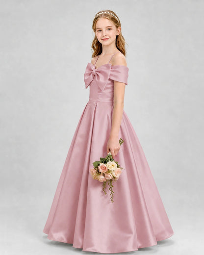 Dusty Rose Satin Bow Off Shoulder Girls Formal Dresses Side View