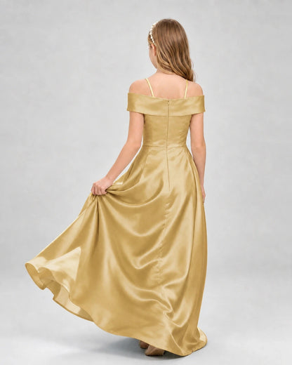 Gold Satin Off-Shoulder A-Line Girls Formal Dresses Back View