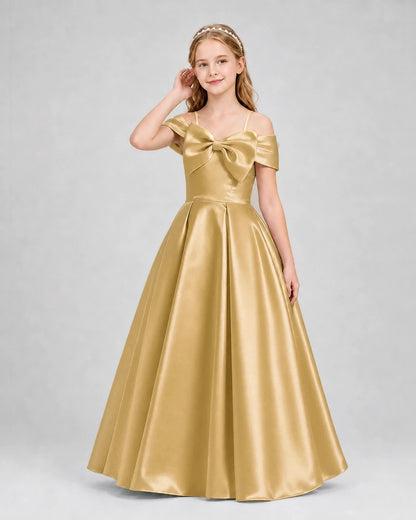 Gold Satin A-Line Girls Formal Dresses Front View