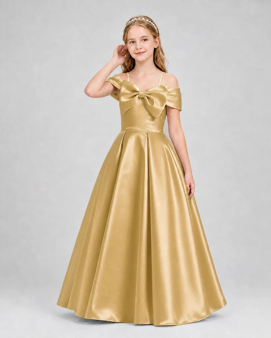 Gold Satin A-Line Girls Formal Dresses Front View
