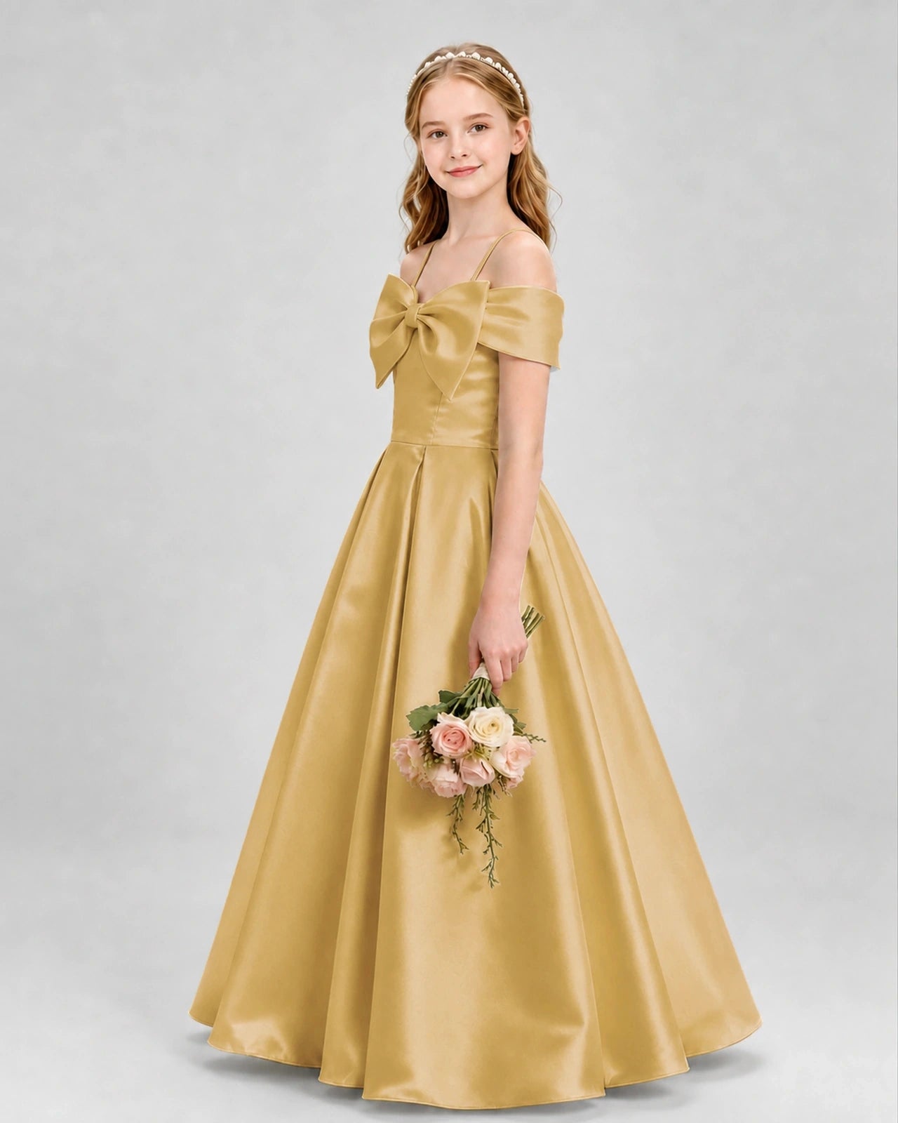 Gold Satin A-Line Girls Formal Dresses Side View