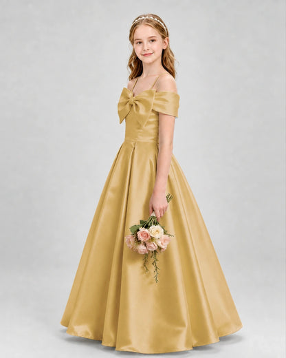 Gold Satin A-Line Girls Formal Dresses Side View