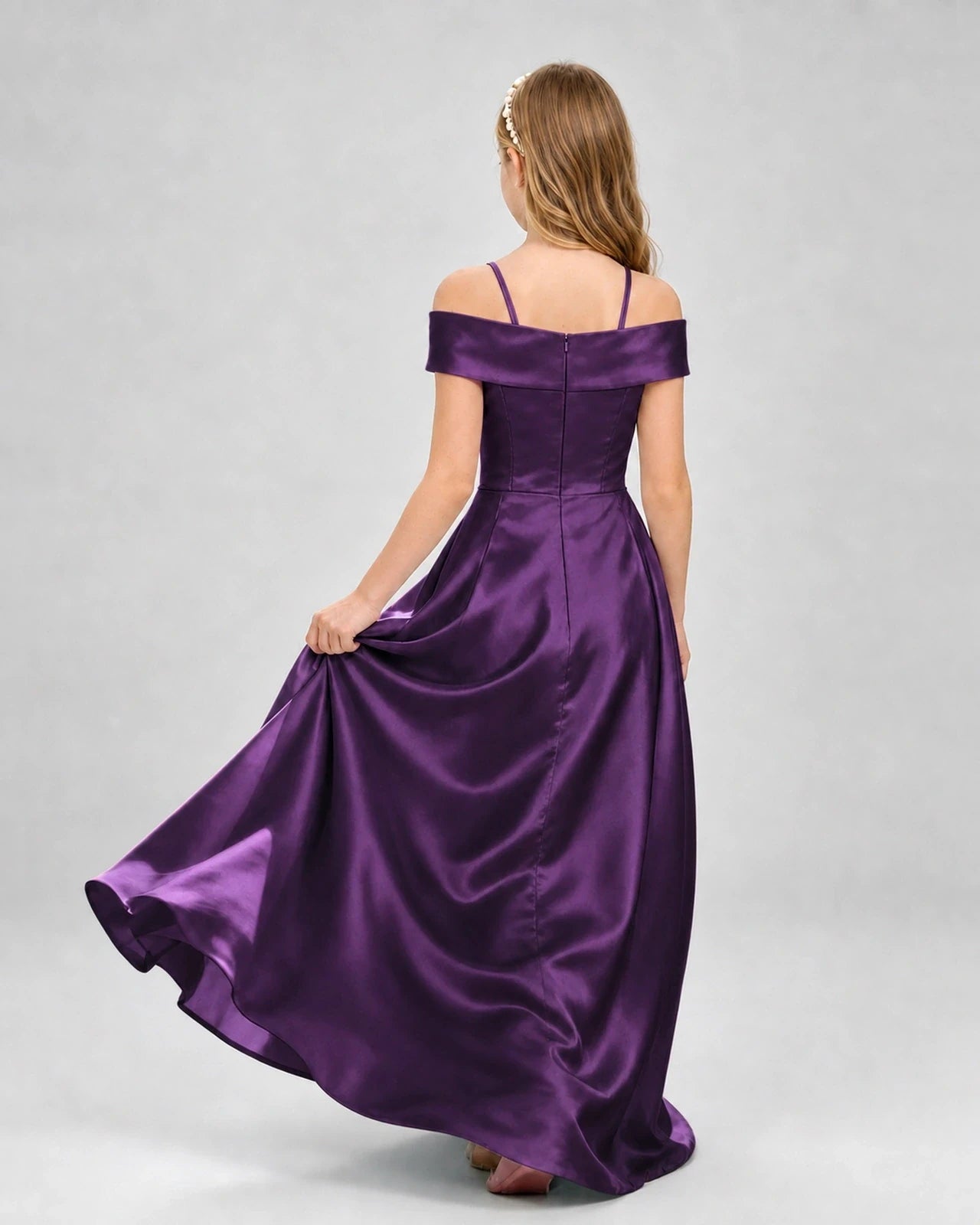 Grape Satin Off-the-Shoulder Girls Formal Dresses Back View