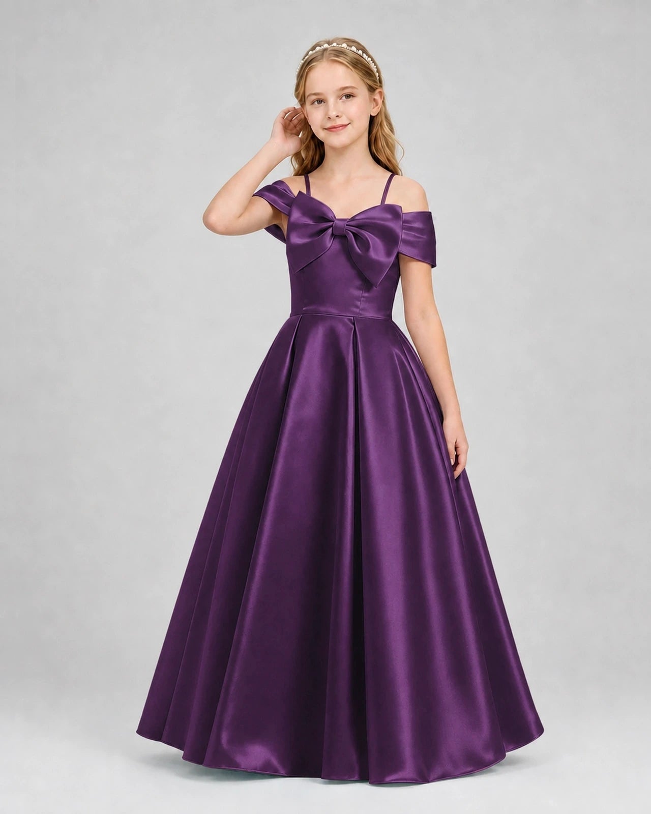 Grape Satin Cold-Shoulder A-Line Girls Formal Dresses Front View
