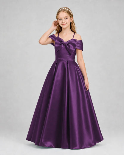 Grape Satin Cold-Shoulder A-Line Girls Formal Dresses Front View