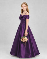 Grape Satin Off-Shoulder Bow A-Line Girls Formal Dresses Side View