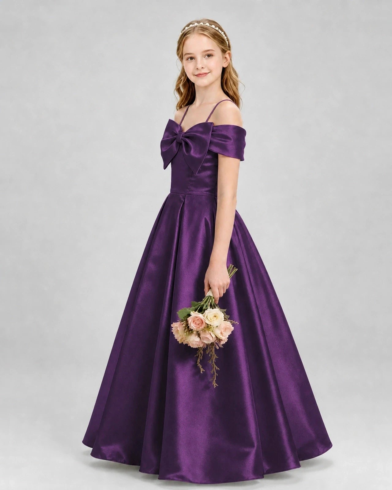 Grape Satin Off-Shoulder Bow A-Line Girls Formal Dresses Side View