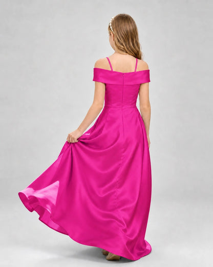 Hot Pink Satin Off-The-Shoulder Girls Formal Dresses Back View