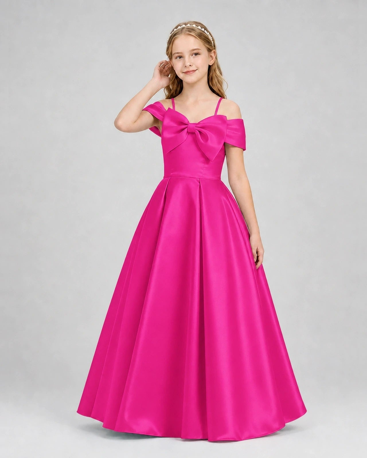 Hot pink satin bow cold shoulder girls formal dresses Front View