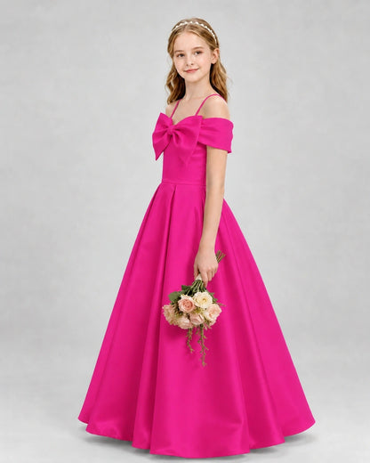Hot Pink Satin A-line Girls Formal Dresses Side View